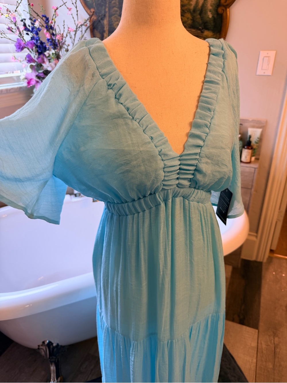 NWT Boston Proper Aqua Tiered Maxi Dress with V-Neck Summer Goddess Lightweight - Picture 12 of 12